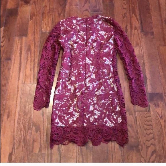 Burgundy and nude lace long sleeve mini dress - Picture 2 of 2
